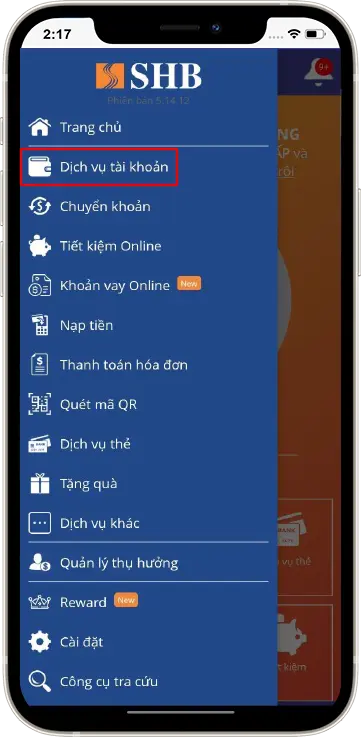 Bước 1: Tại giao diện chính » Chọn mục dịch vụ tài khoản